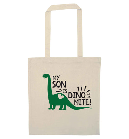 My son is dinomite! natural tote bag