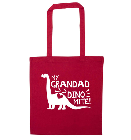 My grandad is dinomite! red tote bag