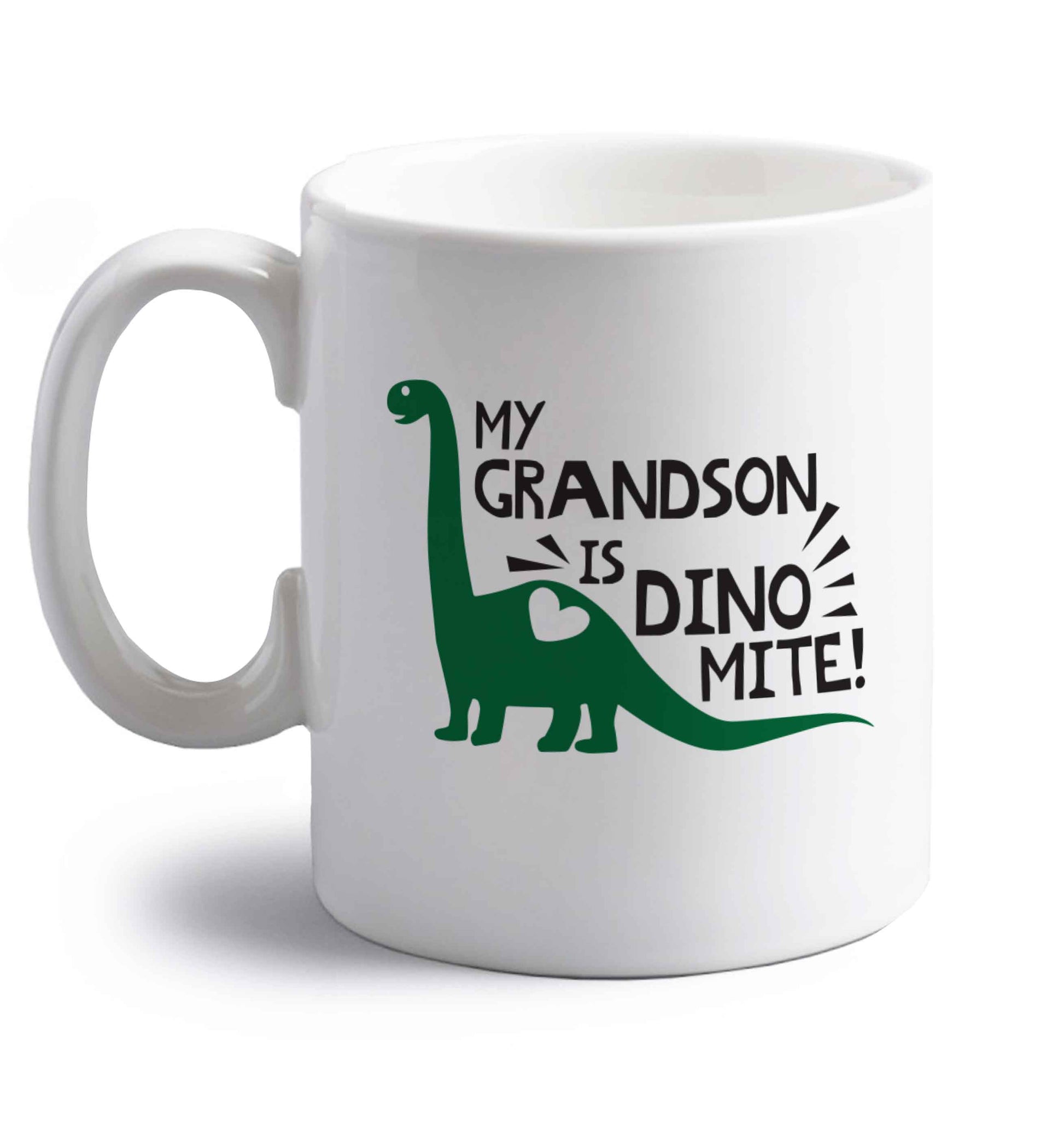 My grandson is dinomite! right handed white ceramic mug 