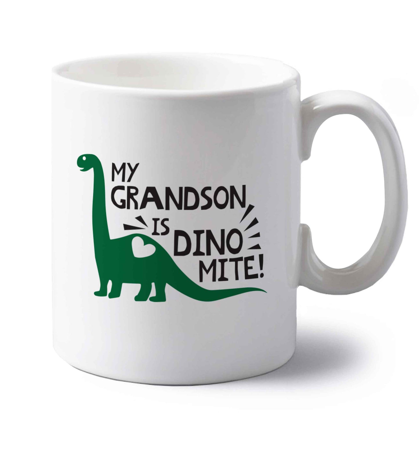 My grandson is dinomite! left handed white ceramic mug 