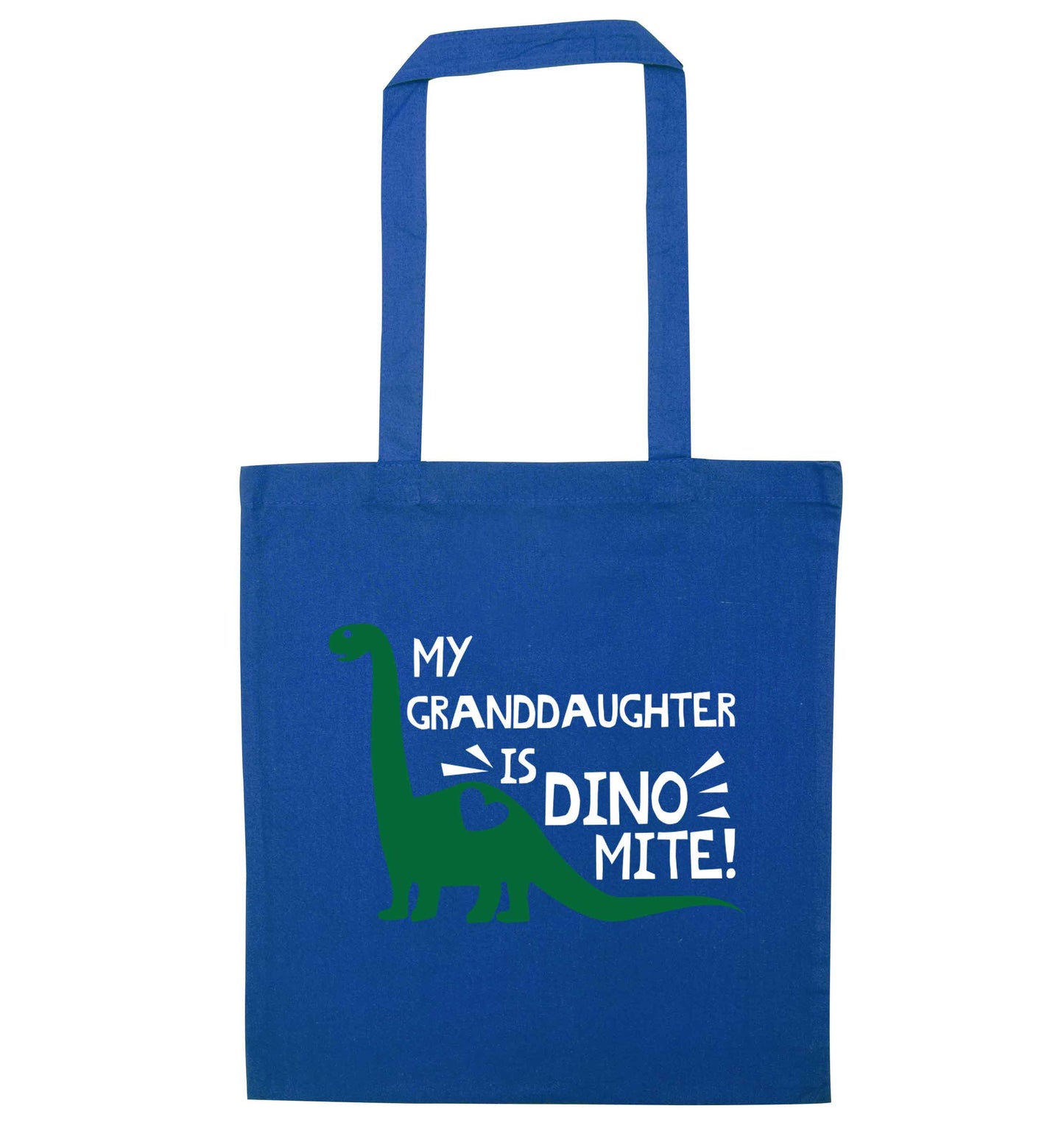 My granddaughter is dinomite! blue tote bag