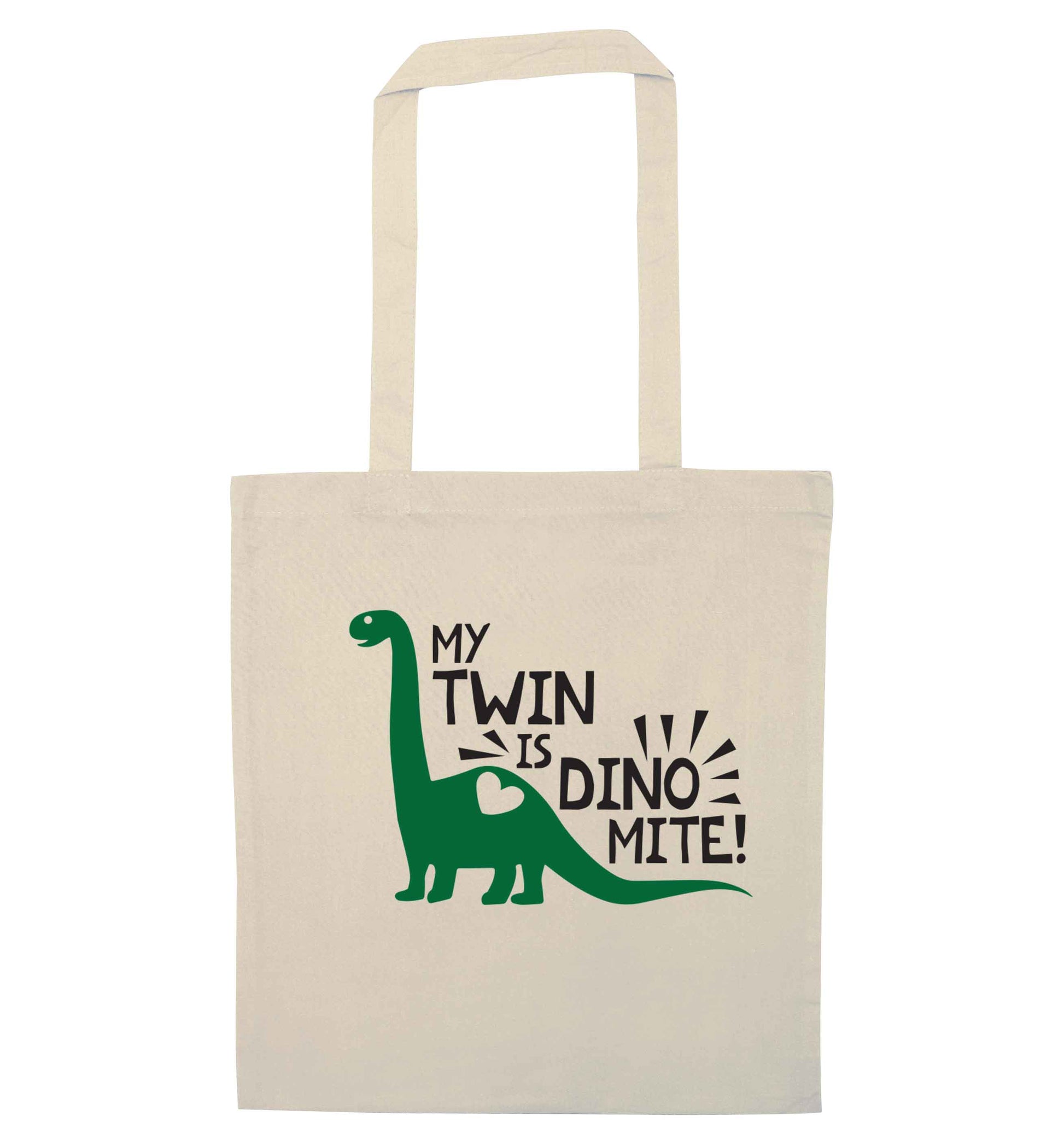 My twin is dinomite! natural tote bag