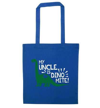 My uncle is dinomite! blue tote bag