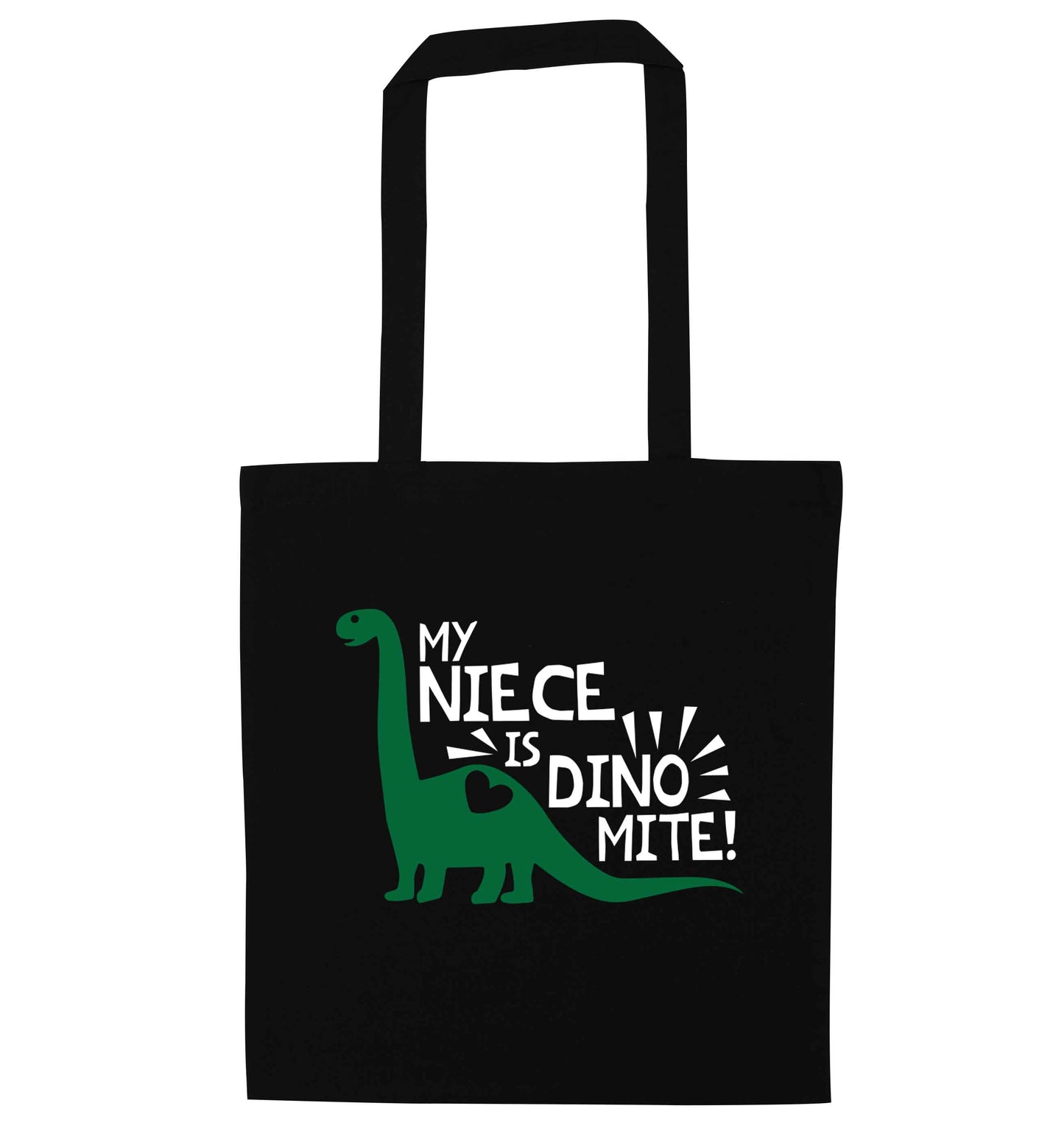 My niece is dinomite! black tote bag