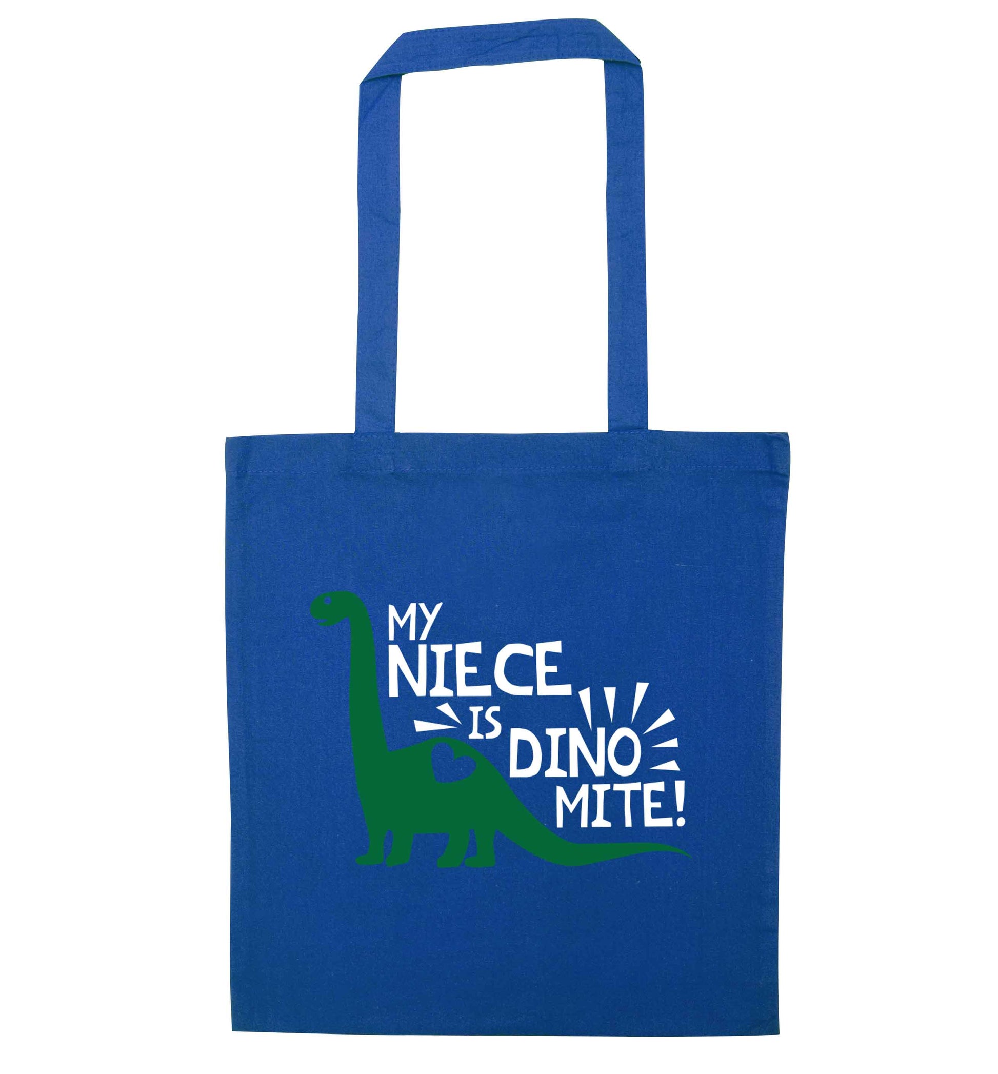 My niece is dinomite! blue tote bag