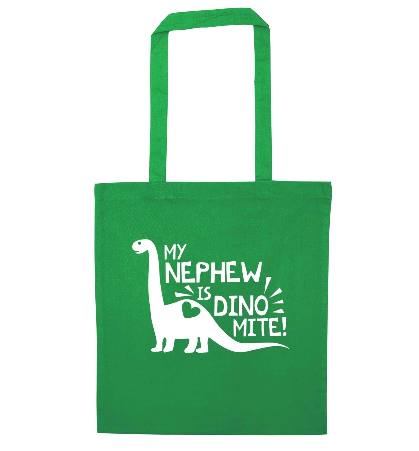 My nephew is dinomite! green tote bag