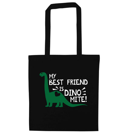 My cousin is dinomite! black tote bag