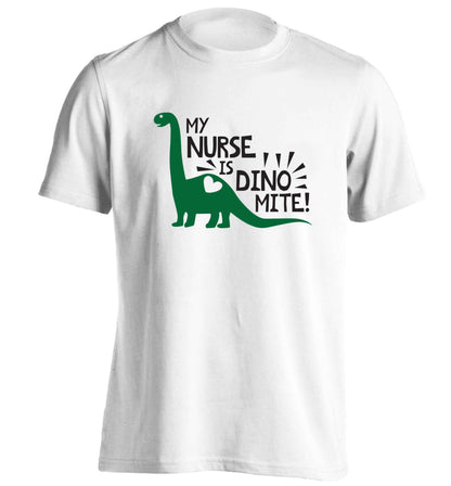 My nurse is dinomite! adults unisex white Tshirt 2XL