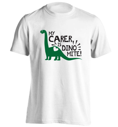 My carer is dinomite! adults unisex white Tshirt 2XL