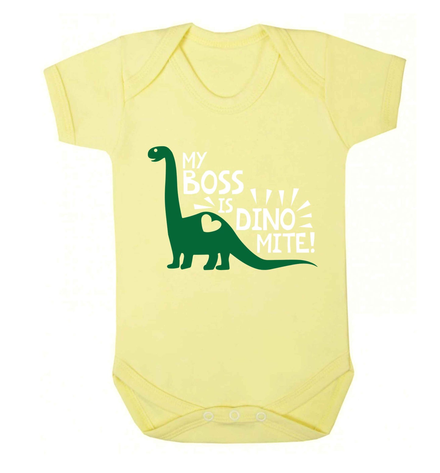 My boss is dinomite! Baby Vest pale yellow 18-24 months