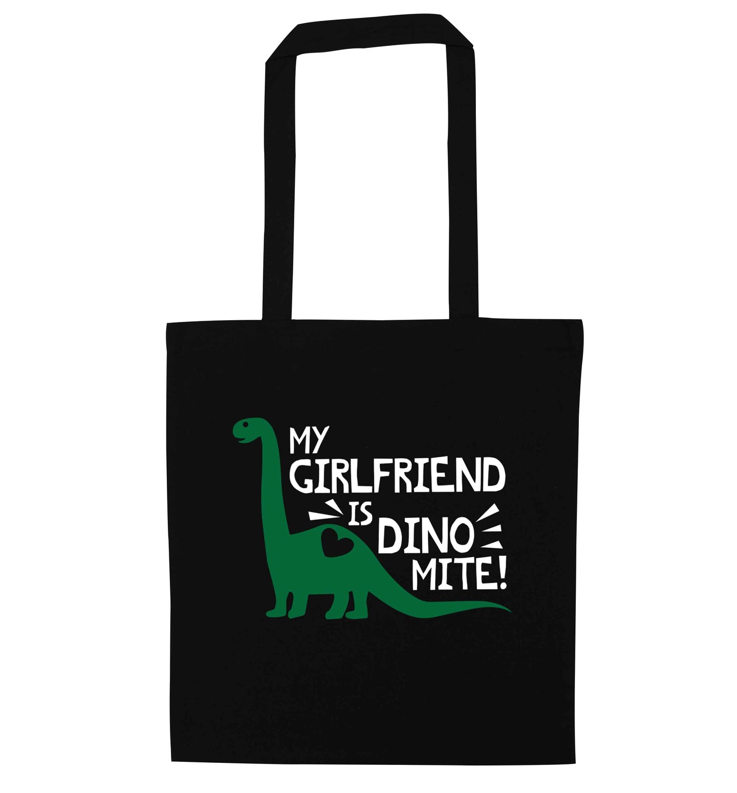 My girlfriend is dinomite! black tote bag