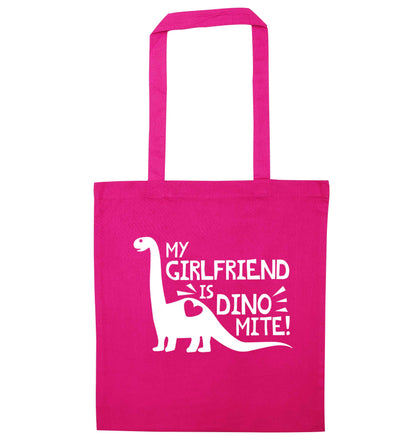 My girlfriend is dinomite! pink tote bag