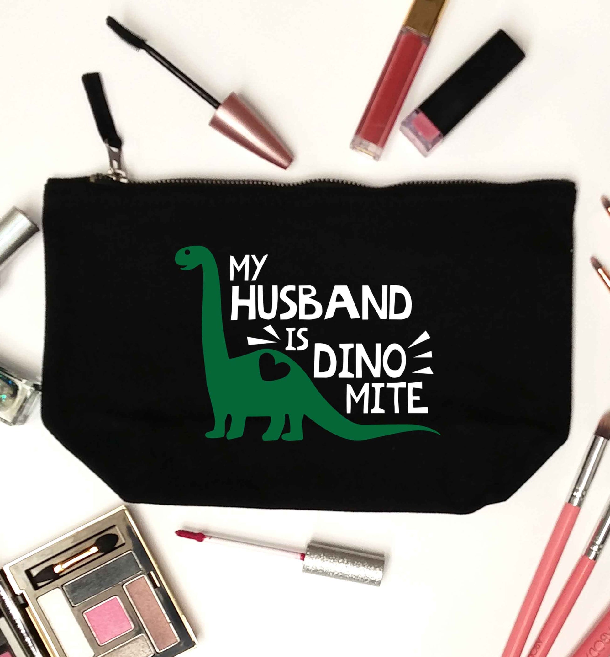 My husband is dinomite! black makeup bag