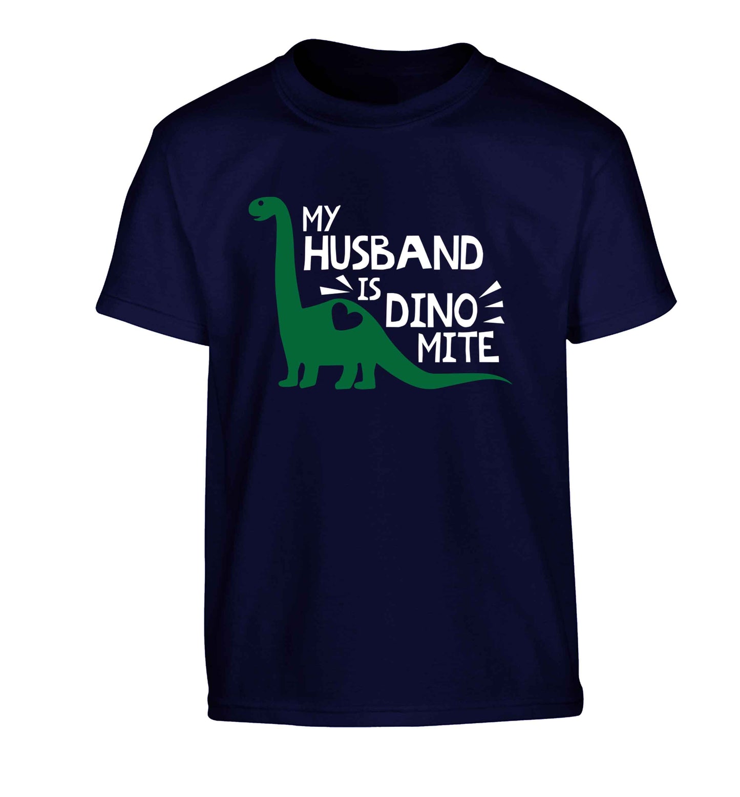 My husband is dinomite! Children's navy Tshirt 12-13 Years