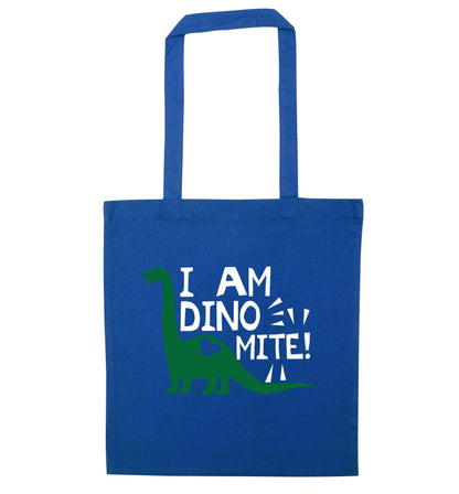 I am dinomite! blue tote bag