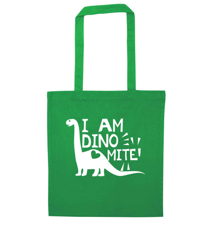 I am dinomite! green tote bag