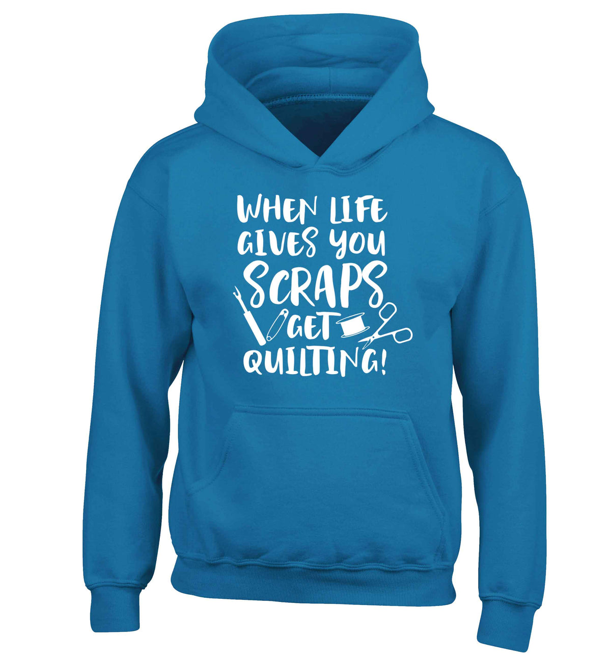 When life gives you scraps get quilting! children's blue hoodie 12-13 Years