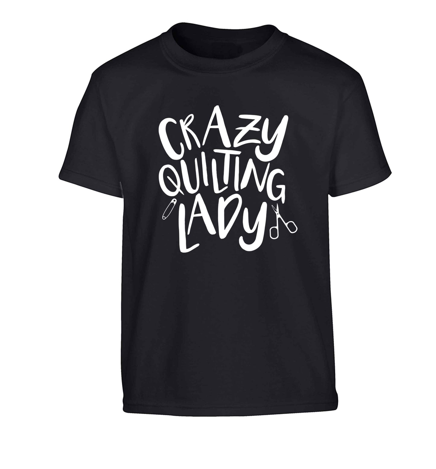 Crazy quilting lady Children's black Tshirt 12-13 Years