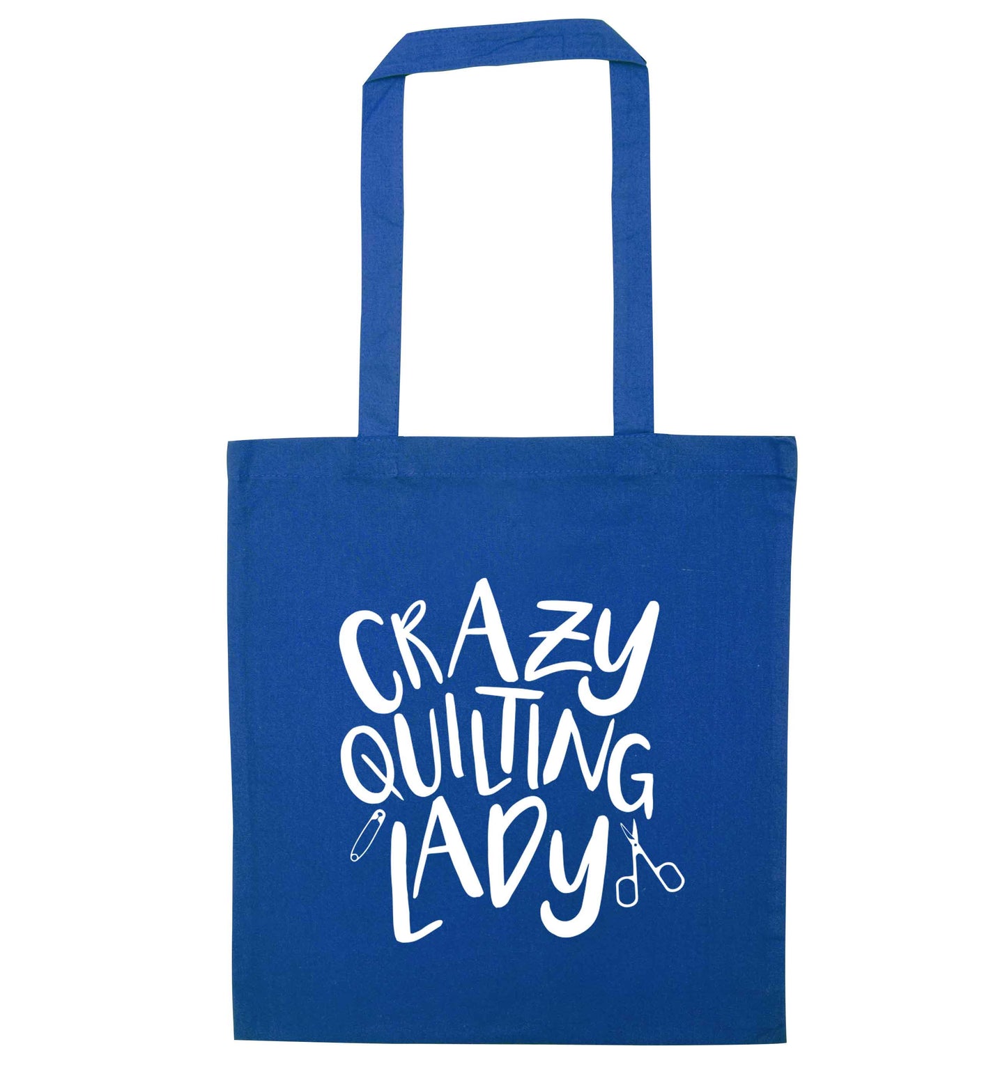 Crazy quilting lady blue tote bag