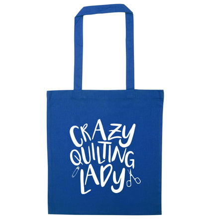 Crazy quilting lady blue tote bag