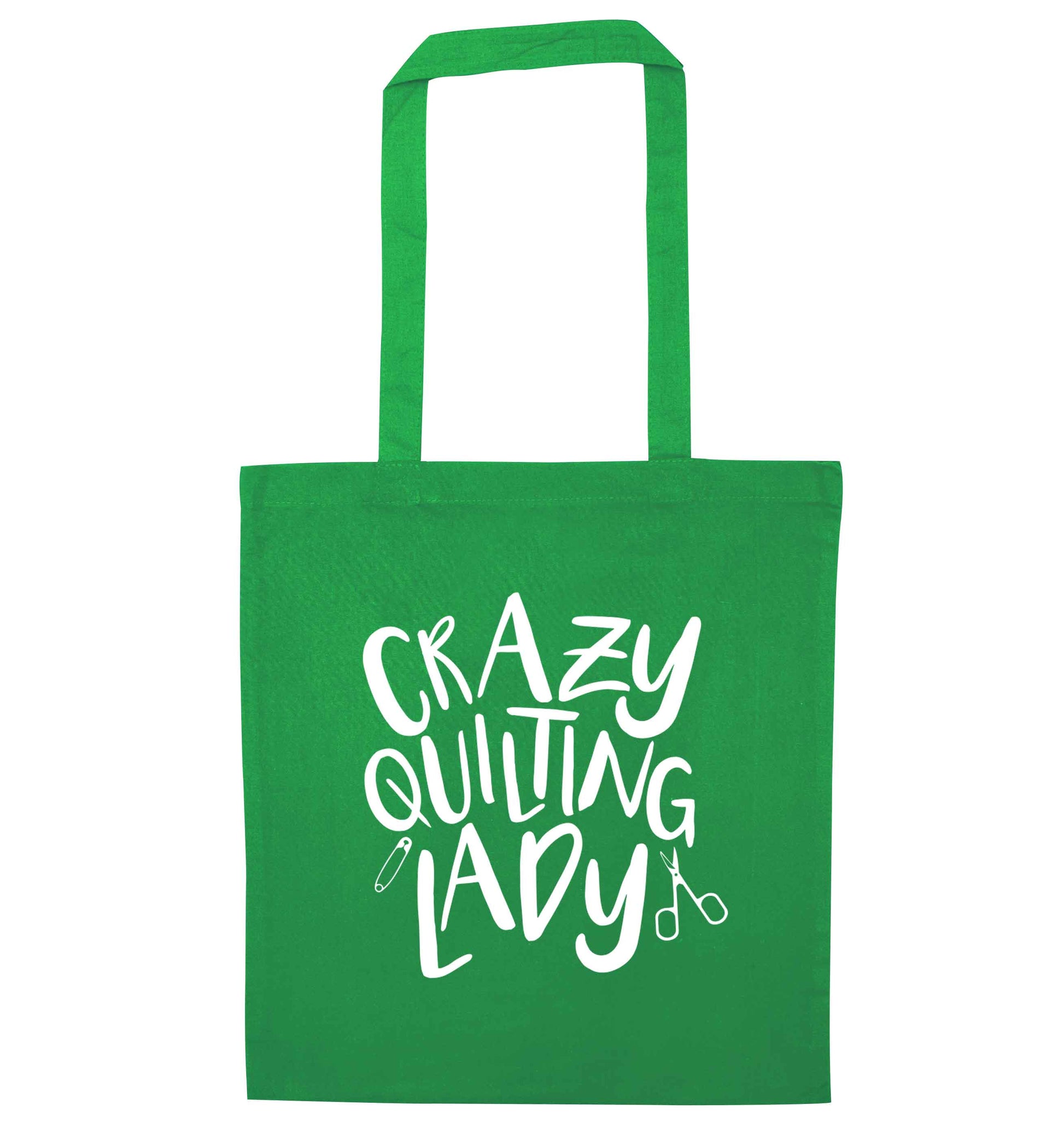 Crazy quilting lady green tote bag
