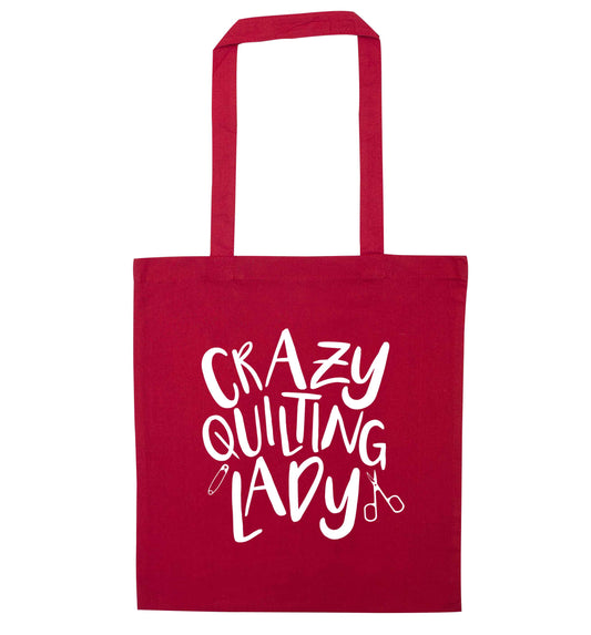 Crazy quilting lady red tote bag
