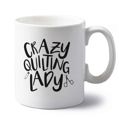 Crazy quilting lady left handed white ceramic mug 
