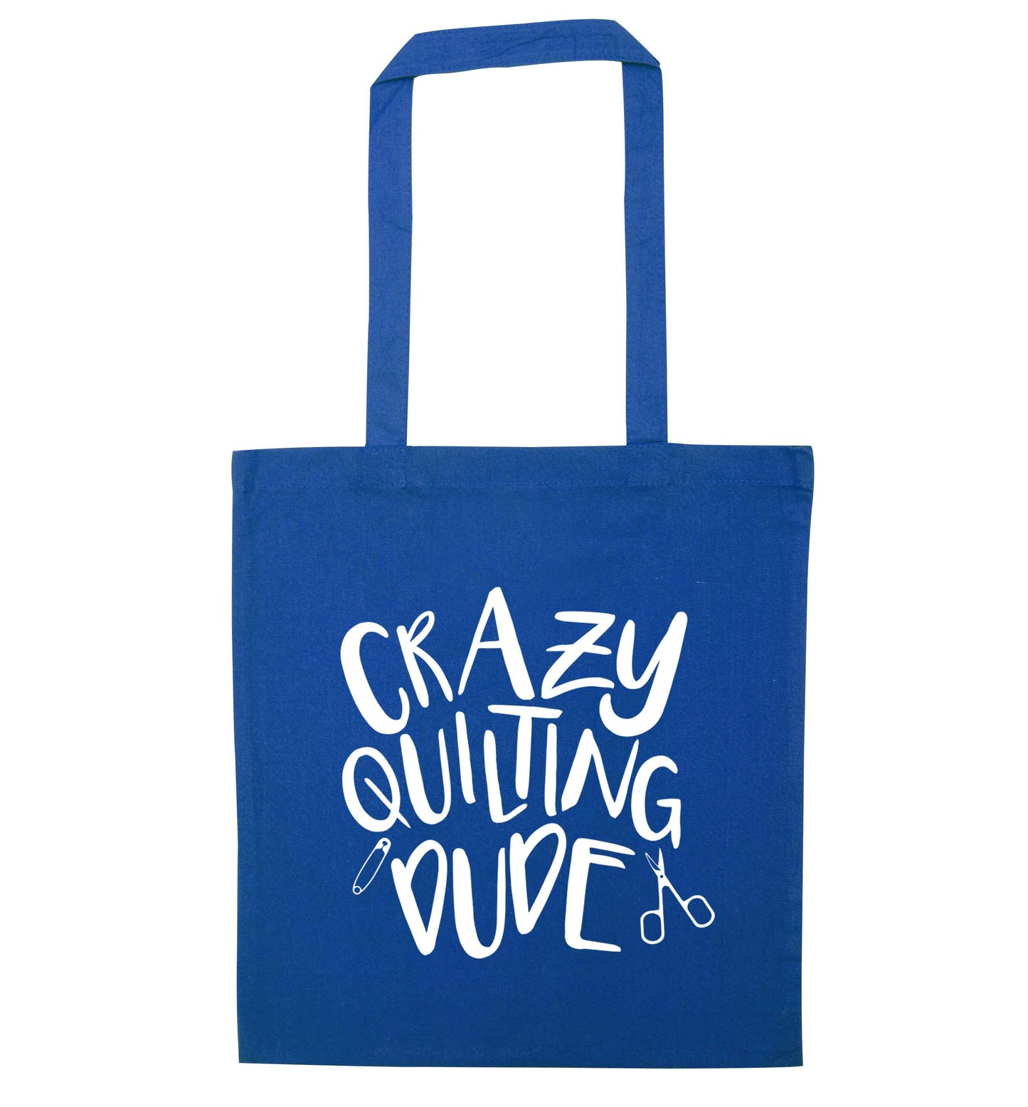 Crazy quilting dude blue tote bag