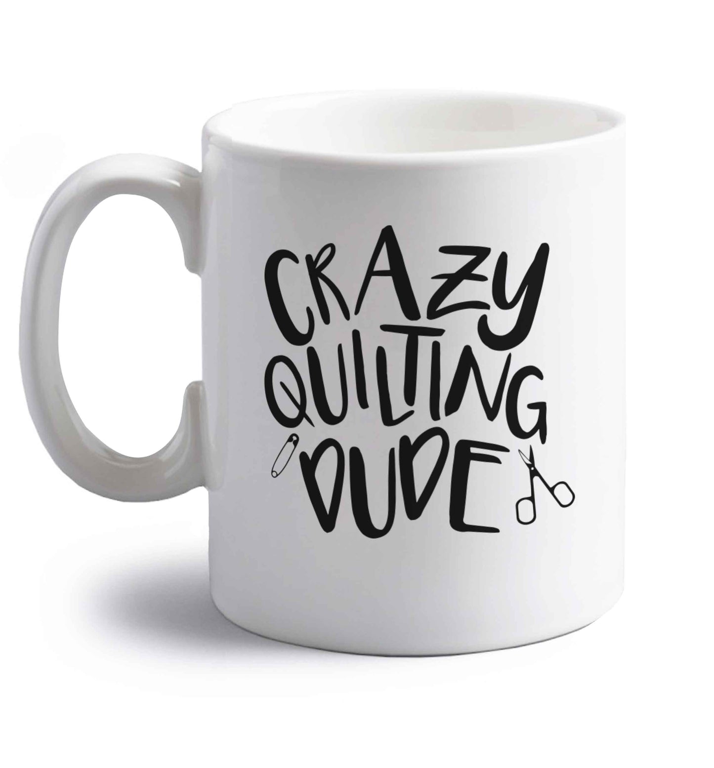 Crazy quilting dude right handed white ceramic mug 