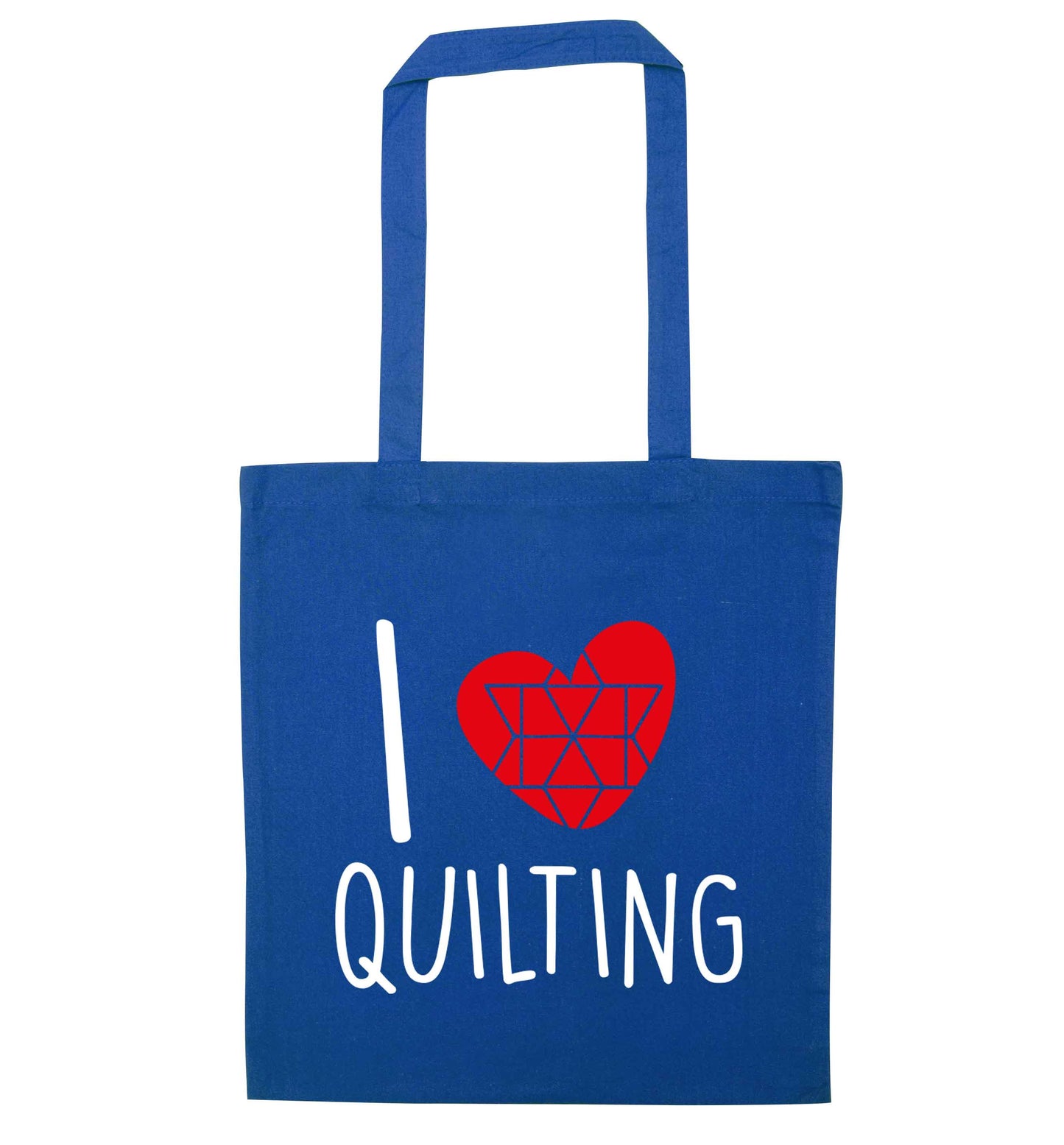I love quilting blue tote bag