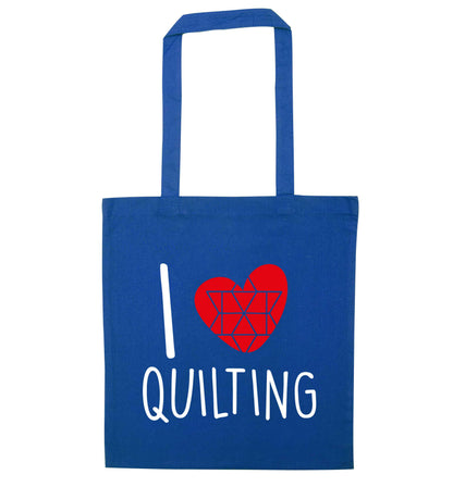 I love quilting blue tote bag