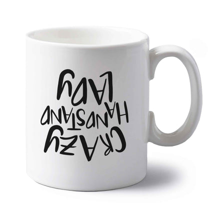 Crazy handstand lady left handed white ceramic mug 