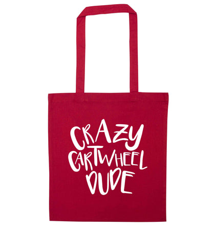 Crazy cartwheel dude red tote bag