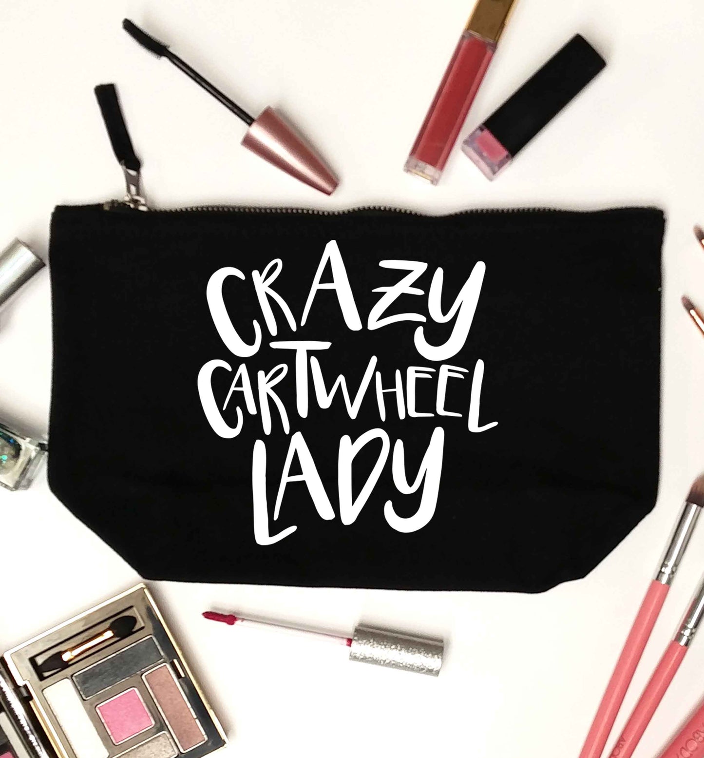 Crazy cartwheel lady black makeup bag