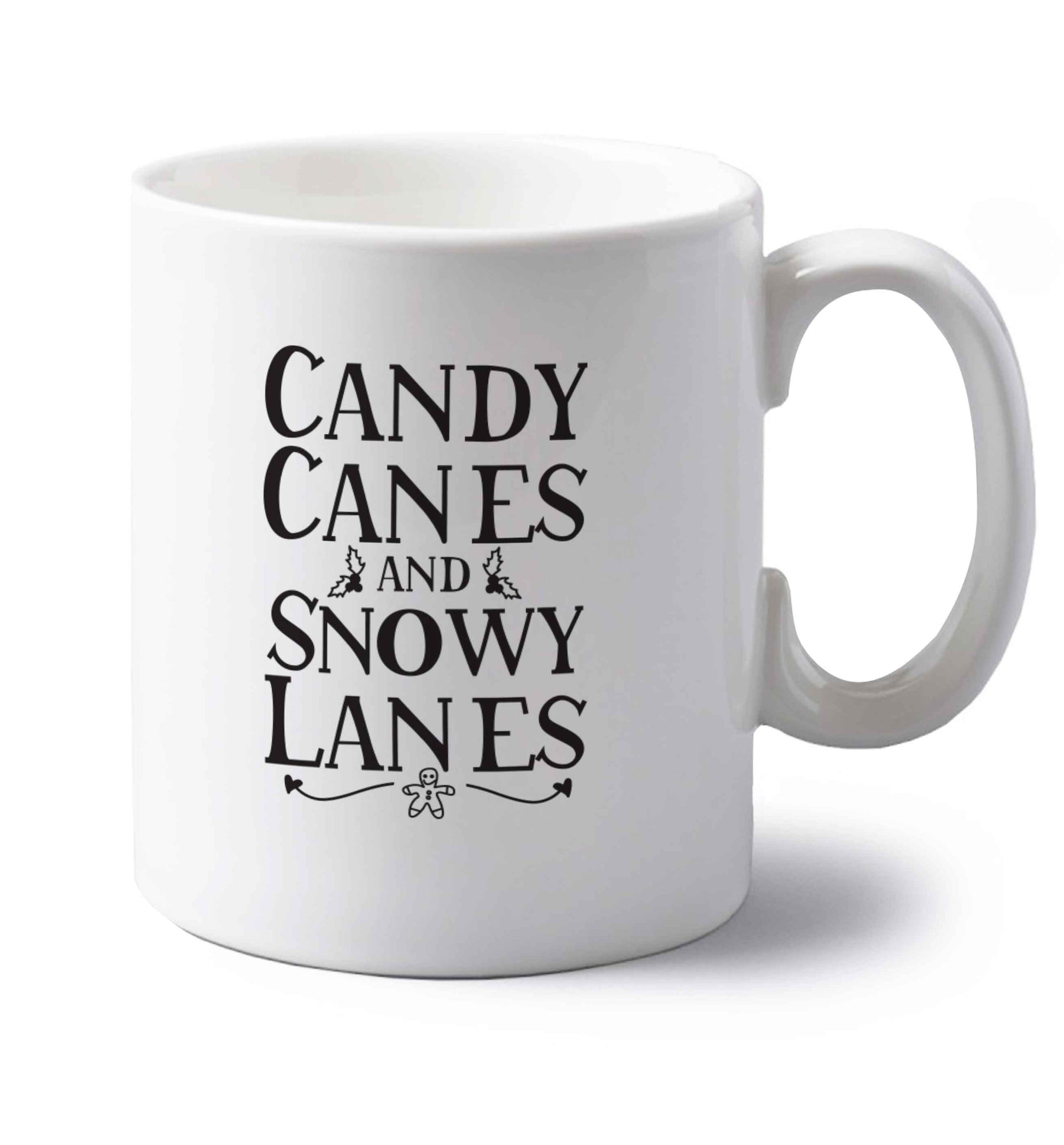 Candy canes and snowy lanes left handed white ceramic mug 