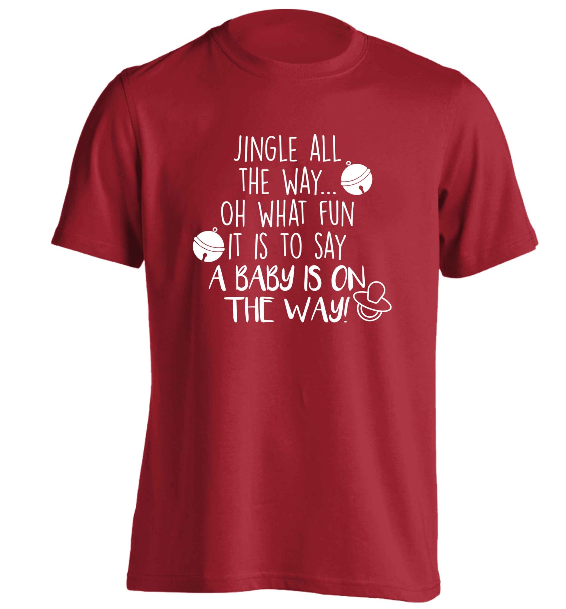 Oh what fun it is to say a baby is on the way! adults unisex red Tshirt 2XL