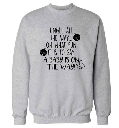 Oh what fun it is to say a baby is on the way! Adult's unisex grey Sweater 2XL