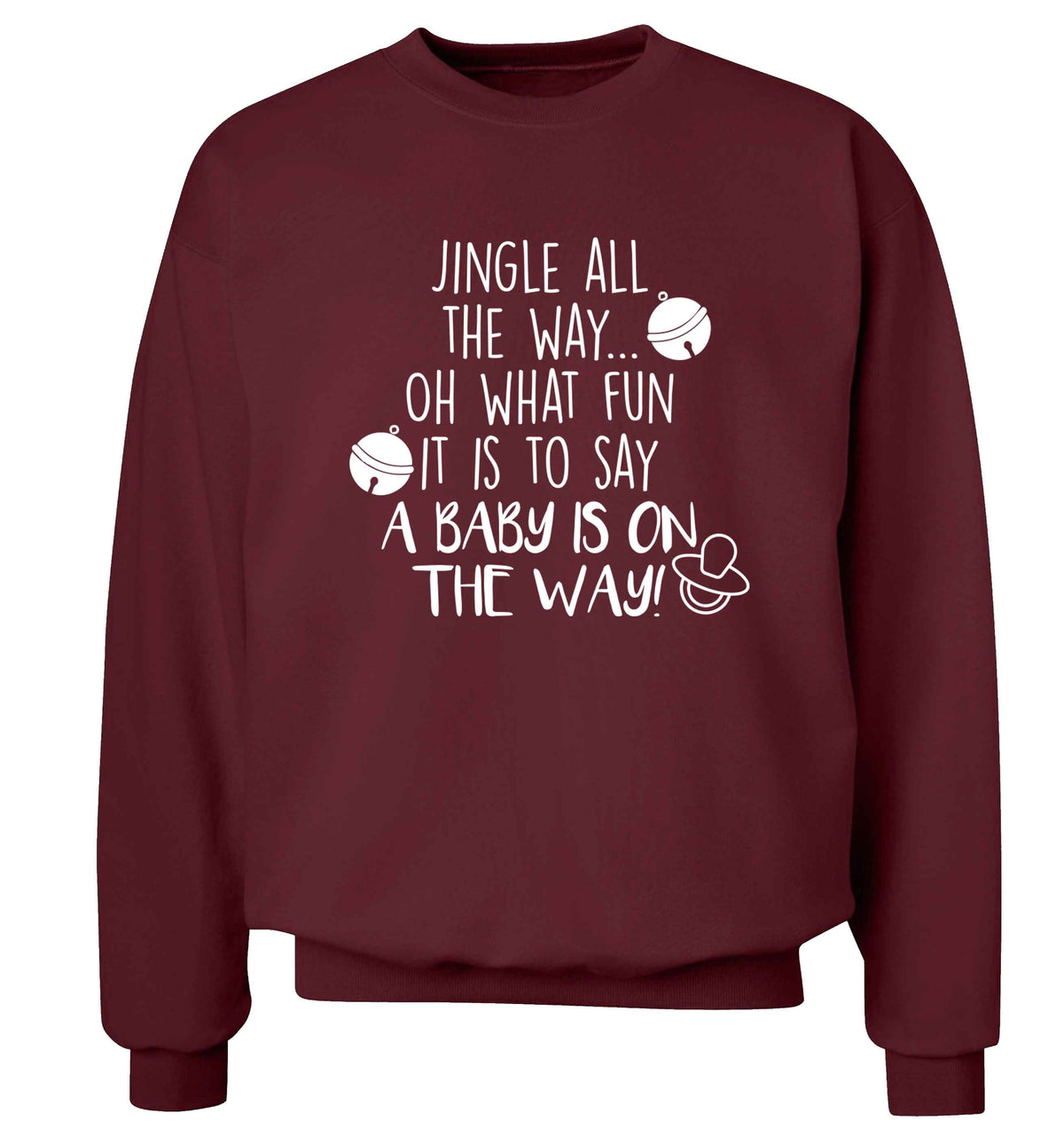 Oh what fun it is to say a baby is on the way! Adult's unisex maroon Sweater 2XL