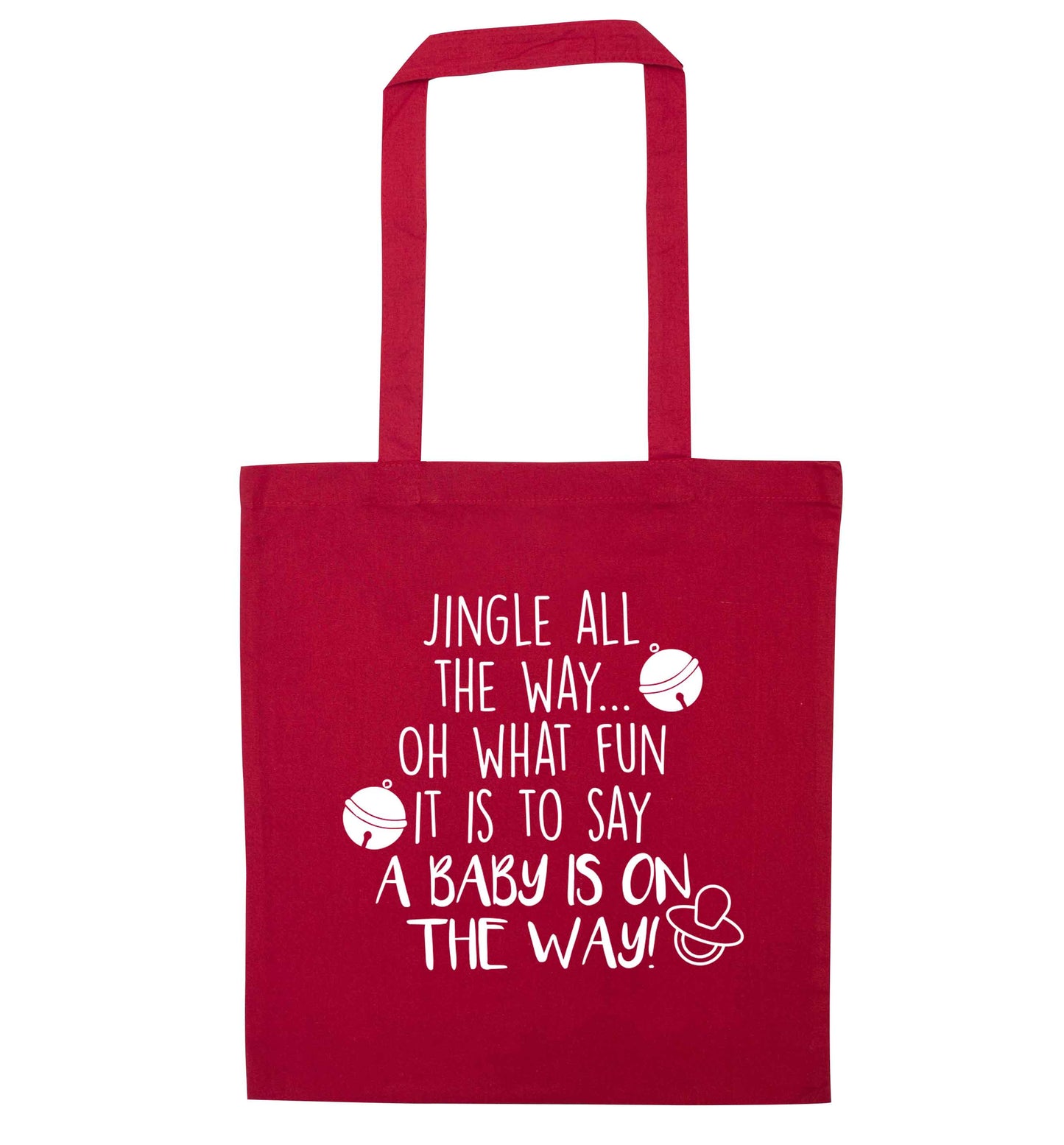 Oh what fun it is to say a baby is on the way! red tote bag