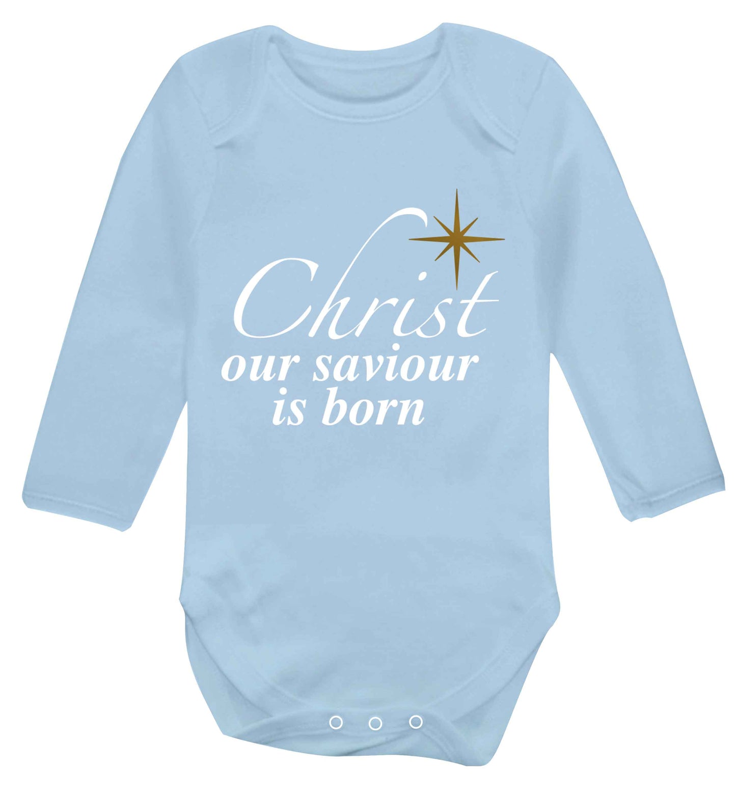 Christ our saviour is born Baby Vest long sleeved pale blue 6-12 months
