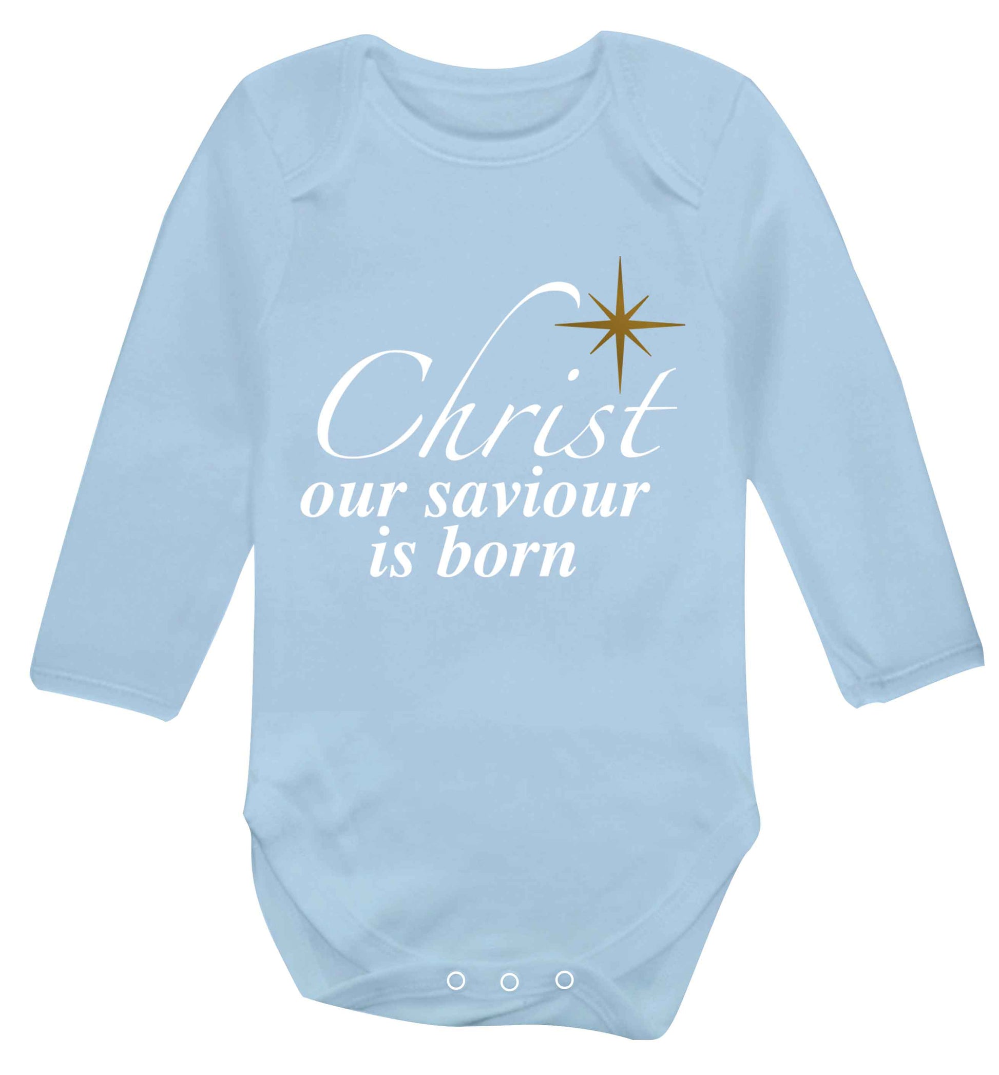 Christ our saviour is born Baby Vest long sleeved pale blue 6-12 months