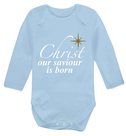 Christ our saviour is born Baby Vest long sleeved pale blue 6-12 months