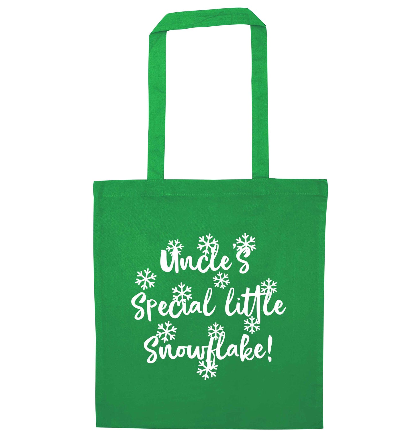 Uncle's special little snowflake green tote bag