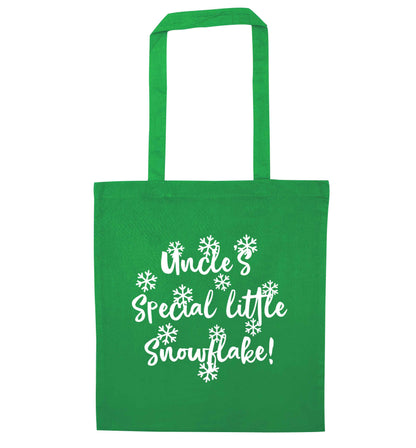 Uncle's special little snowflake green tote bag