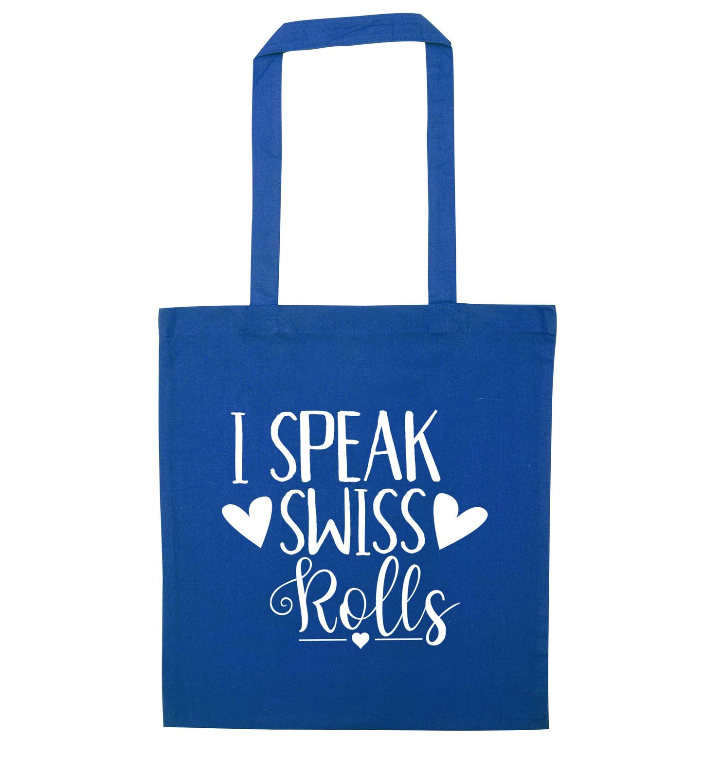 I speak swiss..rolls blue tote bag