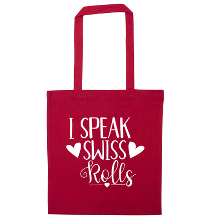 I speak swiss..rolls red tote bag