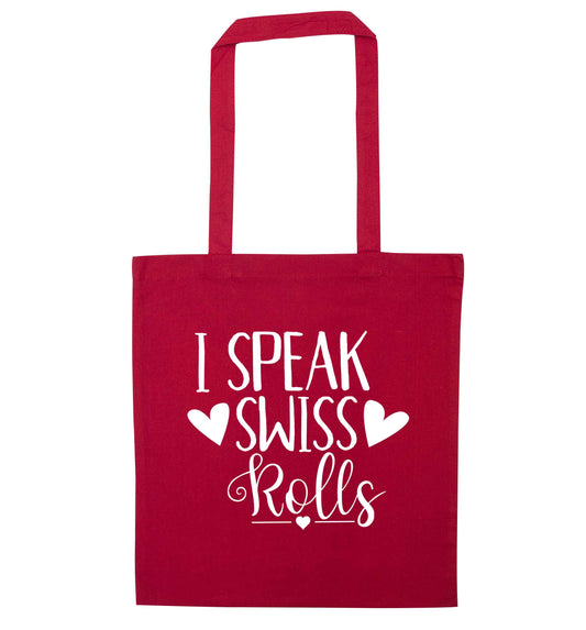 I speak swiss..rolls red tote bag
