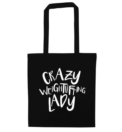 Crazy weightlifting lady black tote bag