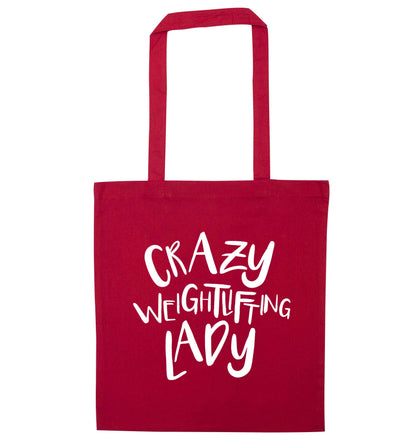 Crazy weightlifting lady red tote bag