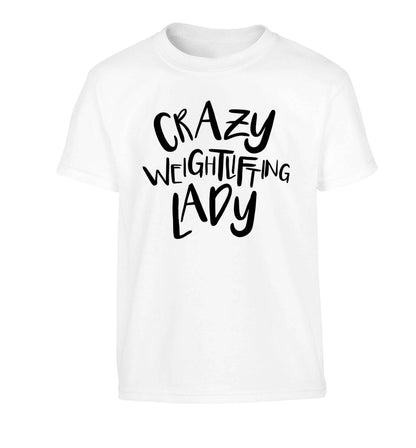 Crazy weightlifting lady Children's white Tshirt 12-13 Years